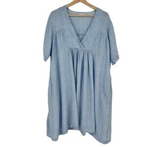 Babydoll Linen Dress M/L Blue Pleated V Neck Short Mini Studio 247 Pockets READ